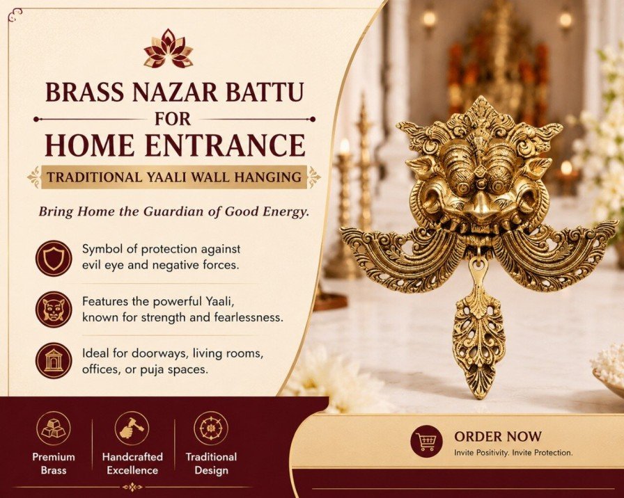 Brass Nazar Battu for Home Entrance – Traditional Yaali Wall Hanging