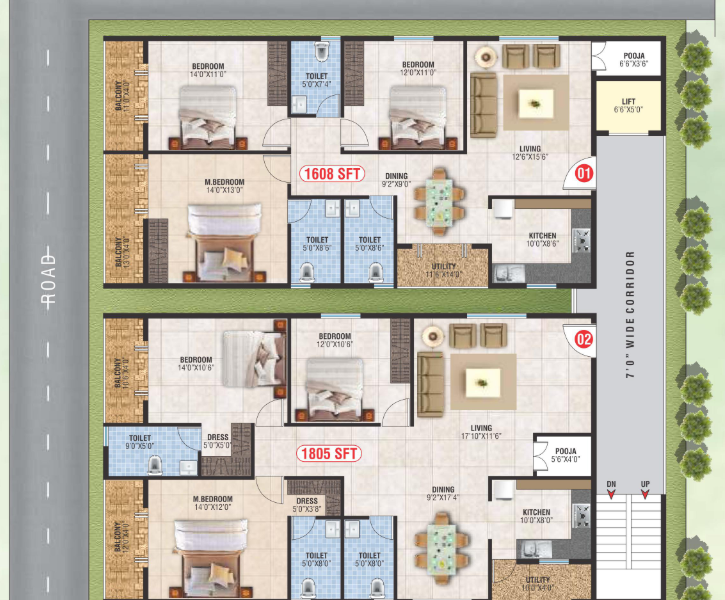 1805 Sq.Ft Flat with 3BHK For Sale in Kalkere