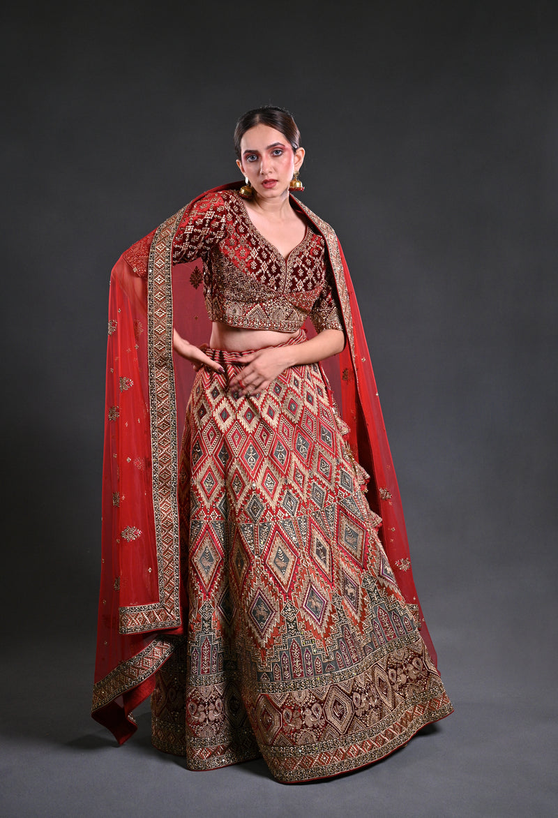 Maroon Silk Lehnga Set with Multi-Colored Embroidery