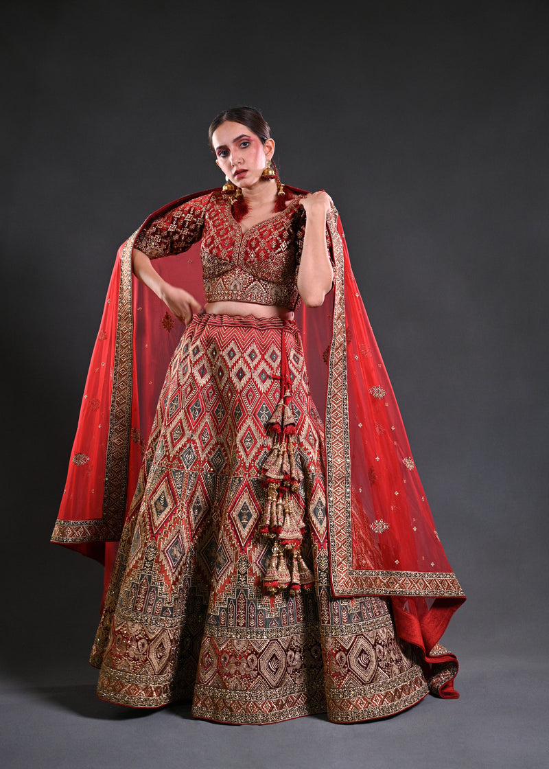 Maroon Silk Lehnga Set with Multi-Colored Embroidery