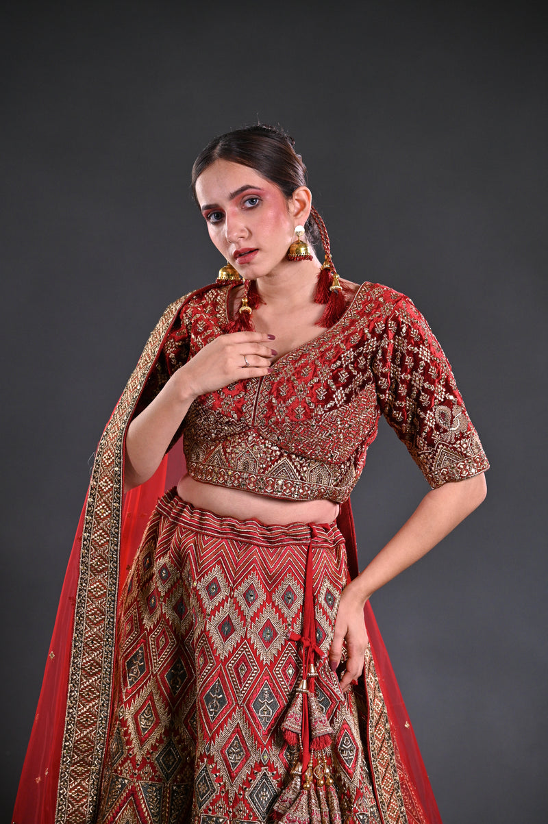 Maroon Silk Lehnga Set with Multi-Colored Embroidery