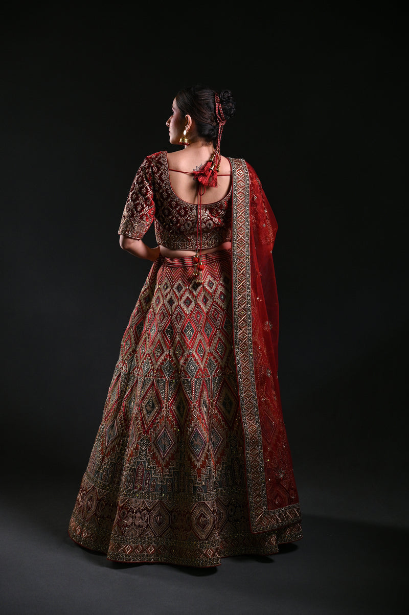 Maroon Silk Lehnga Set with Multi-Colored Embroidery