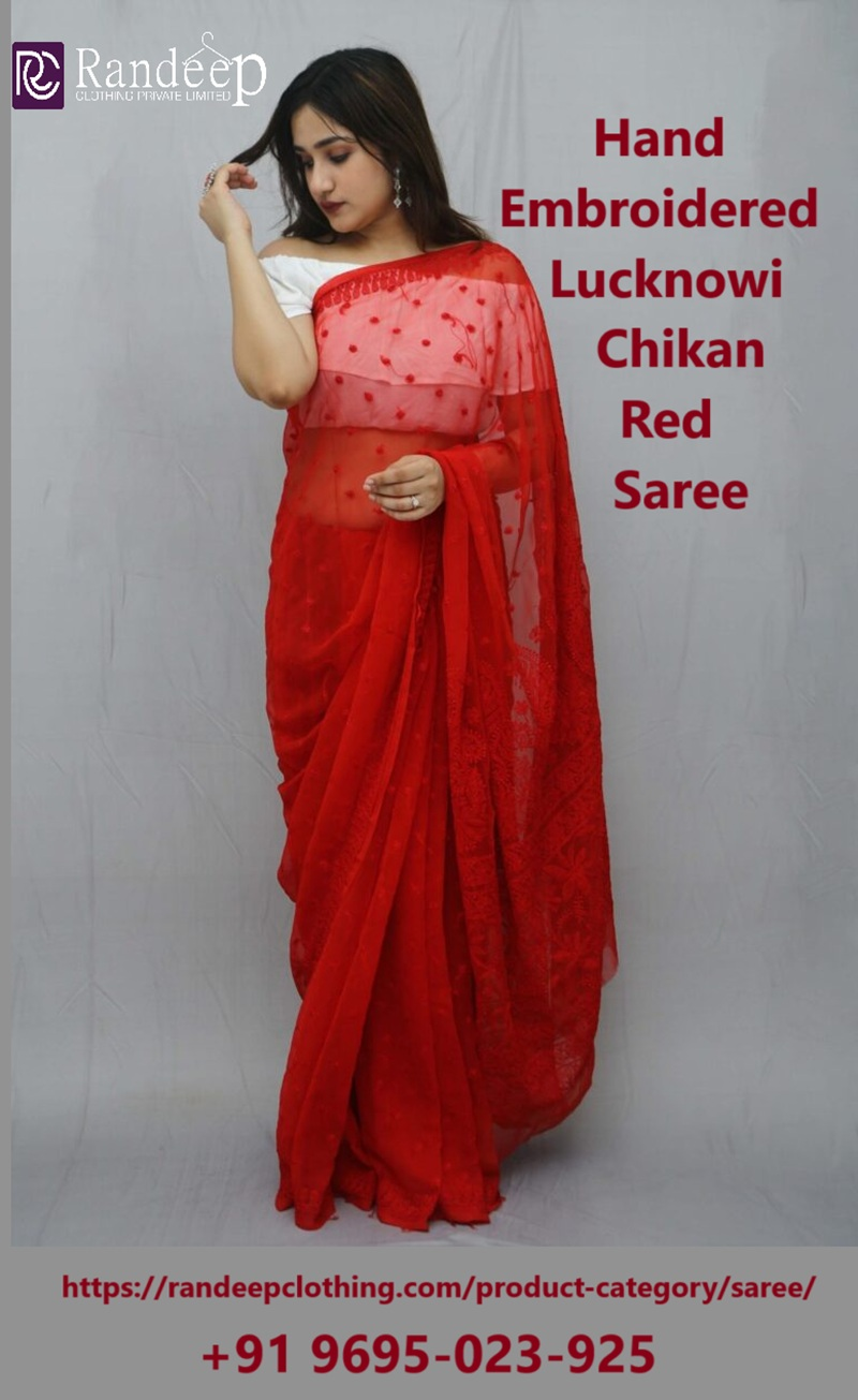 Hand Embroidered Lucknowi Chikan Red Saree